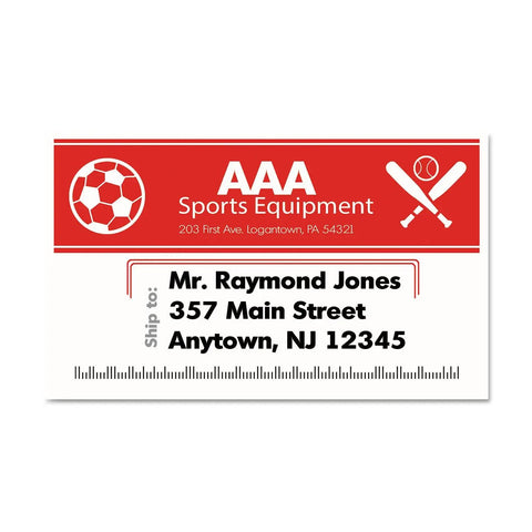 Address label for Mr. Raymond Jones, 357 Main Street, Anytown, NJ, with red AAA Sports Equipment header and icons.
