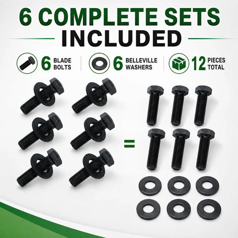 Six Sets Blade Bolts And Belleville Washer Kit For Mower Blade Replacement, 12 Pieces Total, Great Value Replacement For Toro Exmark TimeMaster Recycler, 7/16-20 Thread; 6 bolts, 6 washers