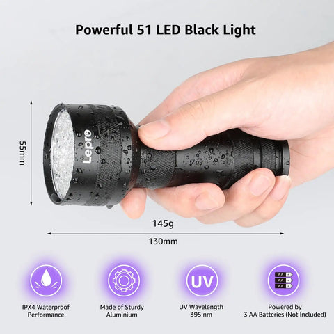 Person holding 51 LED UV Light Handheld Blacklight 395nm Ultraviolet Flashlight Detects Pet Urine Stains Bed Bugs Scorpions
