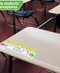 Classroom desk with Self Adhesive Dope Desk Nameplates For Primary Classrooms Pack Of 36 With Manuscript Alphabet Upper And Lower Case Letters 26 Alphabet Pictures 16 Shapes Stroke Lines 13.8 X 4 Inches Colorful Desk Tags visible.