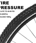 Close-up of tire showing tread pattern and pressure details for 2 Pack 26x2.125 Thick Wear Resistant Bike Tire Set With Inner Tubes And Levers.