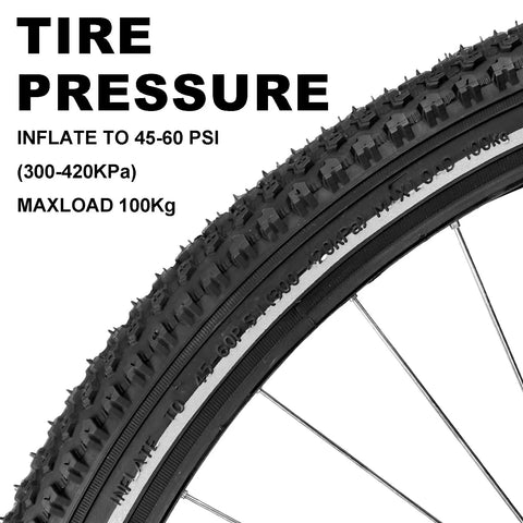 Close-up of tire showing tread pattern and pressure details for 2 Pack 26x2.125 Thick Wear Resistant Bike Tire Set With Inner Tubes And Levers.