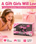 Excited girl with boxed Pink RC Monster Truck For Girls With Two Rechargeable Batteries, 2.4GHz Easy Control, Kid Friendly Remote Car Toy.