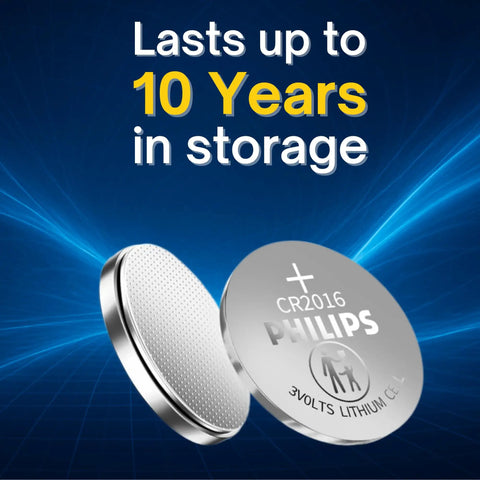Heavy Duty 5 Pack CR2016 3V Lithium Coin Batteries showing bright design and ten-year storage capability for electronics.