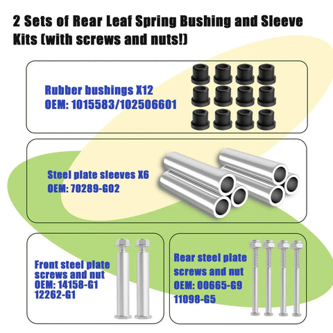 EZGO TXT Rear Leaf Spring Bushing And Sleeve Kit With Front And Rear Screws Nuts For PDS And TXT Gas And Electric Golf Carts Heavy Duty Replacement OEM 70289-G02 14158-G1 1015583 Not For RXV components diagram