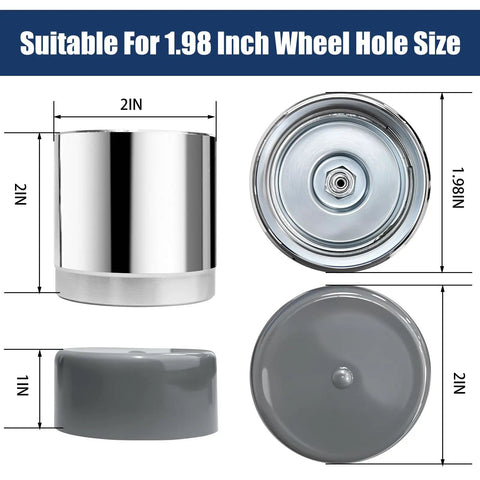 Stainless Steel Trailer Wheel Bearing Protector With Dust Cover Caps 1.98 Inches, showing measurements and top view on white background.