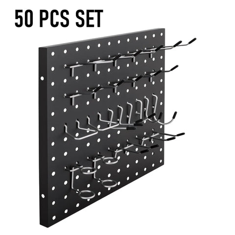 50-Piece Pegboard Hook Set for Heavy-Duty Tool Hangers, Chrome Plated Metal Hooks installed on black pegboard panel