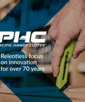 Hand holding green utility knife by Pacific Handy Cutter in warehouse setting with text about innovation.