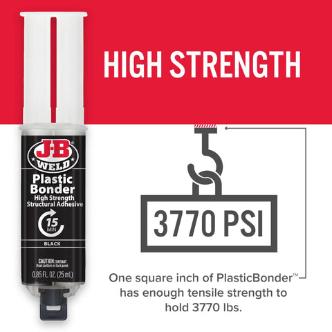 J-B Weld Plastic Bonder adhesive syringe, black, 25 ml, front view