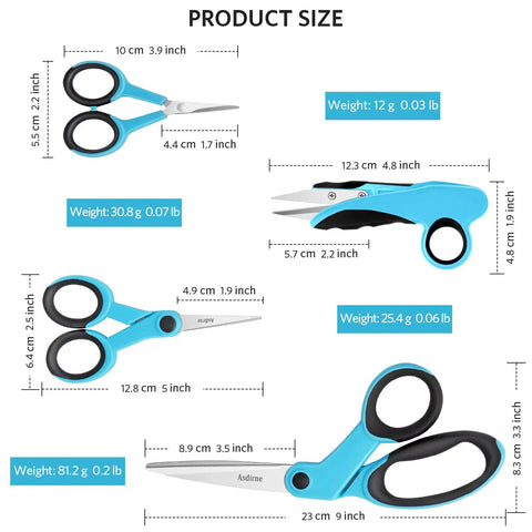 Sewing Scissors Bundle Set For Quick Cuts And Precise Sewing, Includes 9 Inch Fabric Scissors, 5 Inch Detail Shear, 3.9 Inch Embroidery Scissors, 4.8 Inch Thread Snips, Knife Grade Stainless Steel Blades, Forged And Heat Treated, Comfortable Handles product size chart
