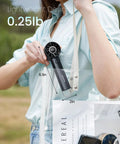 Portable Handheld Mini Fan With Power Display And Built In Flashlight USB Rechargeable 1800mAh Battery 3 Speed Personal Cooling On The Go For Men And Women Indoor Outdoor Travel Lightweight Black, shown fitting in a clear bag