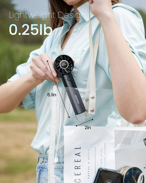 Portable Handheld Mini Fan With Power Display And Built In Flashlight USB Rechargeable 1800mAh Battery 3 Speed Personal Cooling On The Go For Men And Women Indoor Outdoor Travel Lightweight Black, shown fitting in a clear bag
