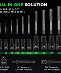 13 Piece Magnetic Tap Socket Set with 1/4 and 3/8 Inch Drive Square Sockets and tap handle layout with adapters