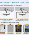 Professional commercial door closer installation guide showing different door types and alignment instructions