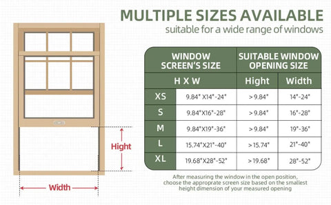 Size chart for Expandable Window Screen Pack For Double Hung Windows showing dimensions from XS to XL for replacement screens.