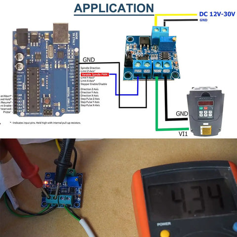 Diagram showing PWM to 0-10V voltage converter module for PLCs with multimeter reading 4.34V, 12-30V DC supply, plug-and-play interface.