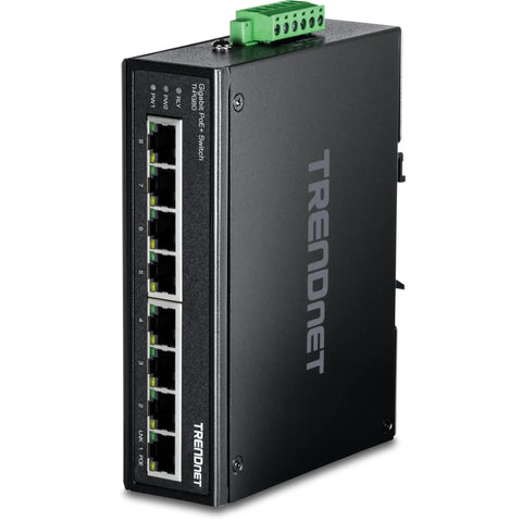 8 Port Industrial Gigabit PoE Plus DIN Rail Switch Built Tough For Rugged Environments, 200W PoE Budget, front view