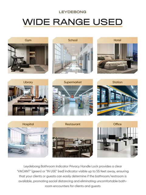 Various commercial environments showing Leydebong Bathroom Privacy Indicator Handle Lock in gyms, hotels, schools, and more.