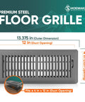 Heavy Duty Boss Grade 4x12 Floor Register Storm Gray Metal Vent Cover for Home Floors with shown dimensions and features