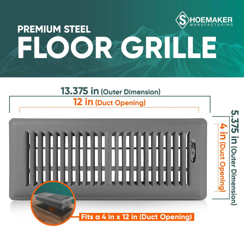 Heavy Duty Boss Grade 4x12 Floor Register Storm Gray Metal Vent Cover for Home Floors with shown dimensions and features