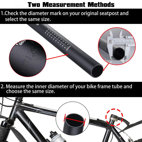 Heavy Duty Aluminum Bike Seat Post 400mm Long Fits 25.4 27.2 28.6 30.4 30.9 31.6 Millimeter Diameters For Mountain And Road Bikes Lightweight Upgrade No Saddle Clamp Included Measure First with measurement tips
