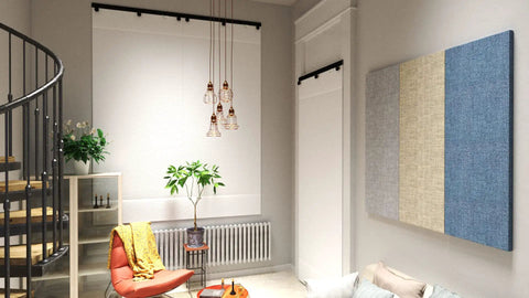 Premium White Soundblocking Sheet With Heavy Duty Mass Loaded Vinyl To Quiet Down Any Space Fast and Roll Out Eco Friendly Acoustic Blanket displayed in a modern living room.
