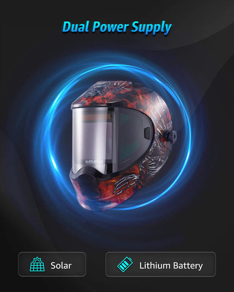 Solar Powered Auto Darkening Welding Helmet with Wide Shade 9 13 for TIG MIG ARC Welding, dual power solar and lithium battery