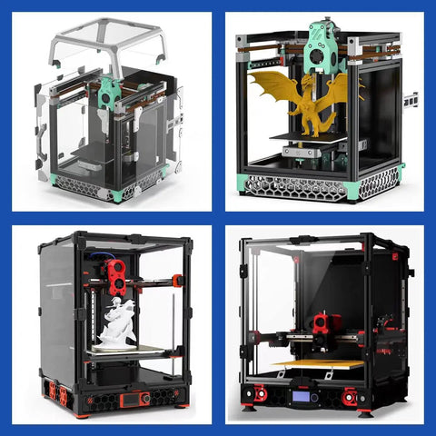 Four 3D printers with dragon and sculpture models, featuring Corner Brackets For 4040 Aluminum Extrusion 5 Hole T Shape Joint Plates Set
