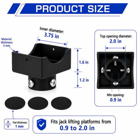 Diagram of 2-In-1 Bottle Jack Adapter Kit with Beefy 12-Ton Steel Saddle, shows dimensions and shim spacers for precise contact
