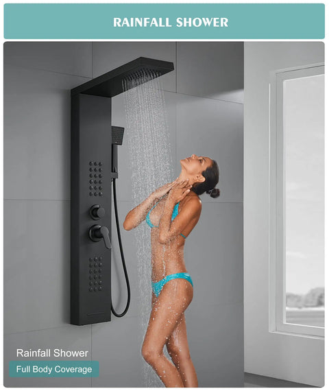 Contemporary Matte Black 4 In 1 Shower Panel System Featuring Rainfall Head And Full Body Massage Jets For A Total Game Changing Bathroom Upgrade
