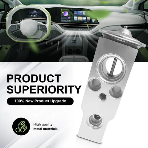 Universal Car AC Expansion Valve For Efficient Cooling Heat Resistant Metal Replacement Rust Proof Air Conditioning Valve System Accessory Fits Most Rides Silver with car interior background