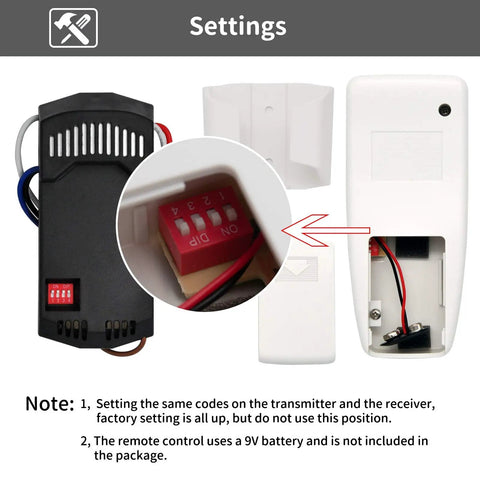Universal Ceiling Fan Remote Control Kit With 3 Speed Fan And Light Dimmer Receiver FAN28R Replacement For 120V Ceiling Fans receiver and remote settings shown with components and notes.
