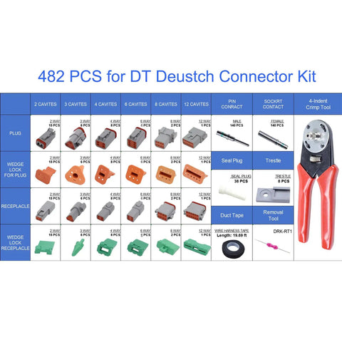 482-Piece Automotive Connector Kit With 2 3 4 6 8 12 Pin Modules, Solid 16 Gauge Contacts, Removal Tool And Crimping Tool Display