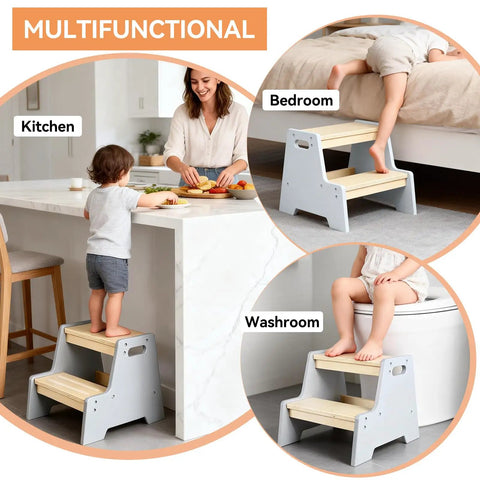 Rock Solid Wood Two Tier Step Stool For Kids Built Tough With Slip Secure Bottom Pads For Bathroom Sink And Kitchen Counter Toddler Ladder Kid Tested And Approved For Daily Use