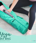 Person using Full Zip Yoga Mat Bag Carrier With Wet Pocket And Front Zipper Pocket Extra Wide Adjustable Shoulder Strap Fits Mats For Women And Men Durable Water Resistant Travel Ready Gym Accessory