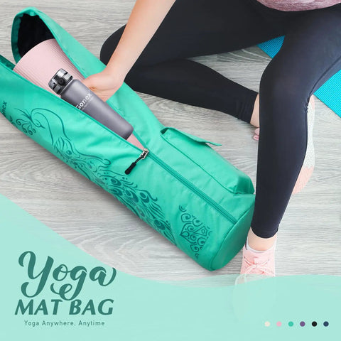 Person using Full Zip Yoga Mat Bag Carrier With Wet Pocket And Front Zipper Pocket Extra Wide Adjustable Shoulder Strap Fits Mats For Women And Men Durable Water Resistant Travel Ready Gym Accessory