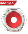 Eight Pack Silver Metal Tire Valve Caps With Rubber Seal Dust Proof Covers Universal Fit, close-up view of red rubber seal