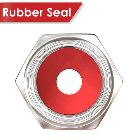 Eight Pack Silver Metal Tire Valve Caps With Rubber Seal Dust Proof Covers Universal Fit, close-up view of red rubber seal