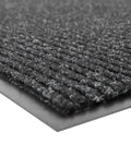 Close-up of the Heavy Duty Industrial Door Mat 3 By 10 Feet For Busy Entrances Large Commercial Grade Entrance Rug For Businesses Lobbies Garage And Mudrooms Charcoal Black Made In USA Brush Step 109S0310CH showing ribbed texture and vinyl backing.