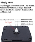 Hassle Free Snap In Dial Quartz Clock Movement Kit With Sleek Straight Hands for quick fixes, showing no thread and size details.