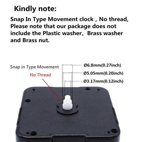 Hassle Free Snap In Dial Quartz Clock Movement Kit With Sleek Straight Hands for quick fixes, showing no thread and size details.