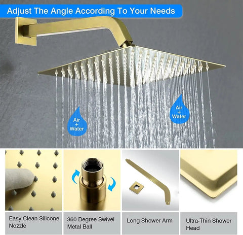 Upgrade Your Bath With A Dope Brushed Gold Tub And Shower Faucet Set, 10-Inch Rain Shower Head with adjustable angle feature.