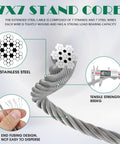 Close-up of 304 stainless steel wire rope details from 52 Pcs Shade Sail Hardware Kit In Stainless Steel 304 With 5.5 Inch Adjustable Turnbuckle 78.7 Inch Wire Rope And All Essential Fittings For Rectangle Triangle Canopies Outdoor Garden Patio Setup.
