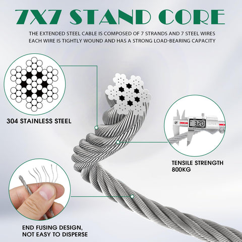 Close-up of 304 stainless steel wire rope details from 52 Pcs Shade Sail Hardware Kit In Stainless Steel 304 With 5.5 Inch Adjustable Turnbuckle 78.7 Inch Wire Rope And All Essential Fittings For Rectangle Triangle Canopies Outdoor Garden Patio Setup.