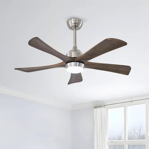 42" 5PCS Solid Wood Blades Ceiling Fan with Lights Remote Control, Nickel, featuring dark wood blades and modern light fixture.