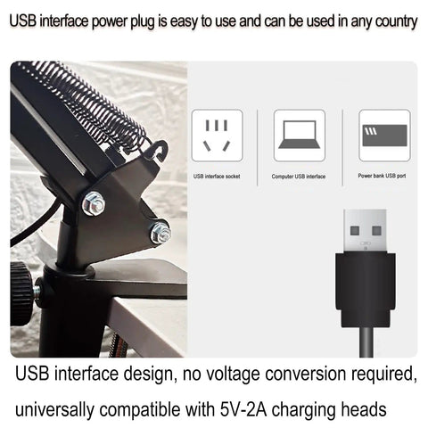USB power plug for Magnifying Glass Desk Lamp With Clamp And Base, real glass lens, compatible with 5V-2A charging heads.