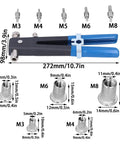 Heavy Duty Manual Rivet Gun Kit With Stainless Steel Spindle And Aluminum Alloy Arms Includes Five Pole Covers For M3 To M8 Rivets, blue handles