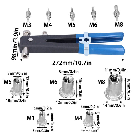 Portable Manual Rivet Gun Kit Made From Heavy Duty Stainless Steel And Durable Aluminum Alloy For Woodworking Home Projects And Diy Repairs That Are Super Easy To Grip And Use Effectively Today., M3-M8 hand rivet tool with size chart