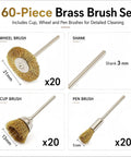 Top Shelf Brass Wire Brush Kit For Knocking Out Rust And Buffing To Perfection With Three Mm Shank That Clicks Straight Into Your Drill Or Rotary Tool 60 Piece Crate includes wheel, cup, and pen brushes.