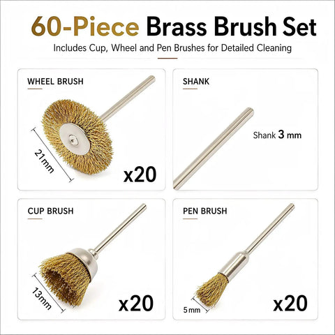 Top Shelf Brass Wire Brush Kit For Knocking Out Rust And Buffing To Perfection With Three Mm Shank That Clicks Straight Into Your Drill Or Rotary Tool 60 Piece Crate includes wheel, cup, and pen brushes.